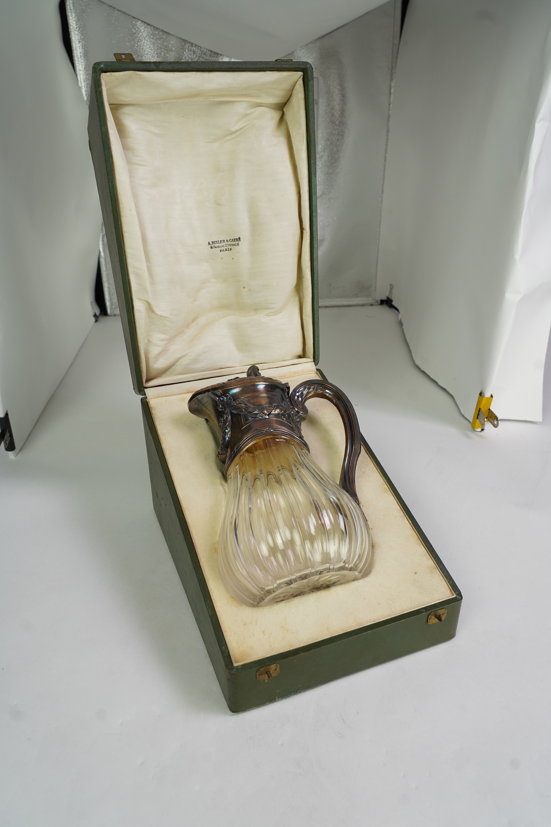 An early 20th century French 950 standard white metal mounted glass claret jug, by Risler & Carre